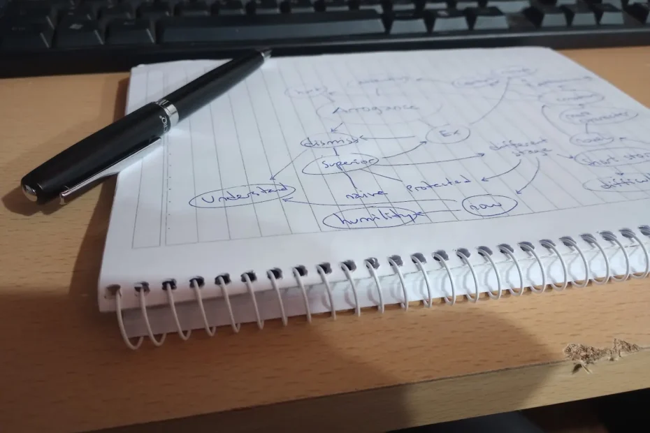 Un cuadernillo, una lapicera encima sobre un escritorio ligeramente roto